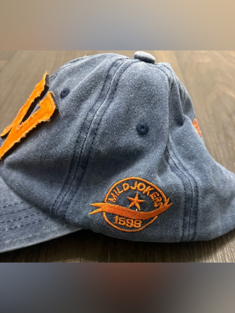 SHEIN Distressed “W” Baseball Cap Hat Blue Orange Adjustable - Picture 3 of 4